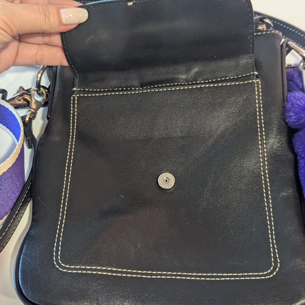 Coach Crossbody Black Leather Bag With Purple Strap Y2K Mini Flap Handbag - Picture 3 of 16